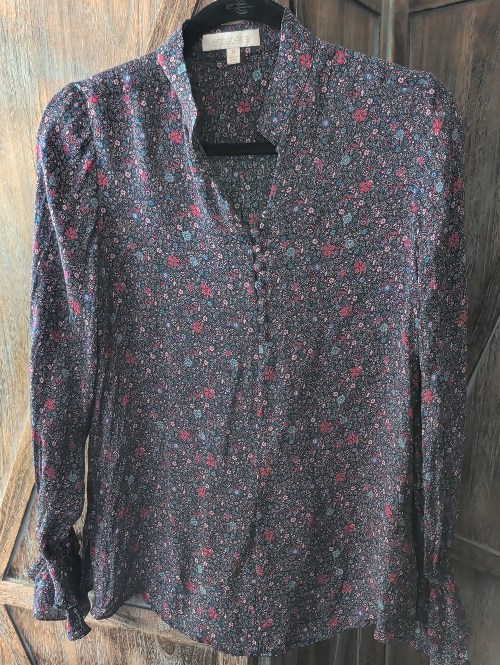 Etcetera Women's Navy Floral Split-Neck Silk Blouse
